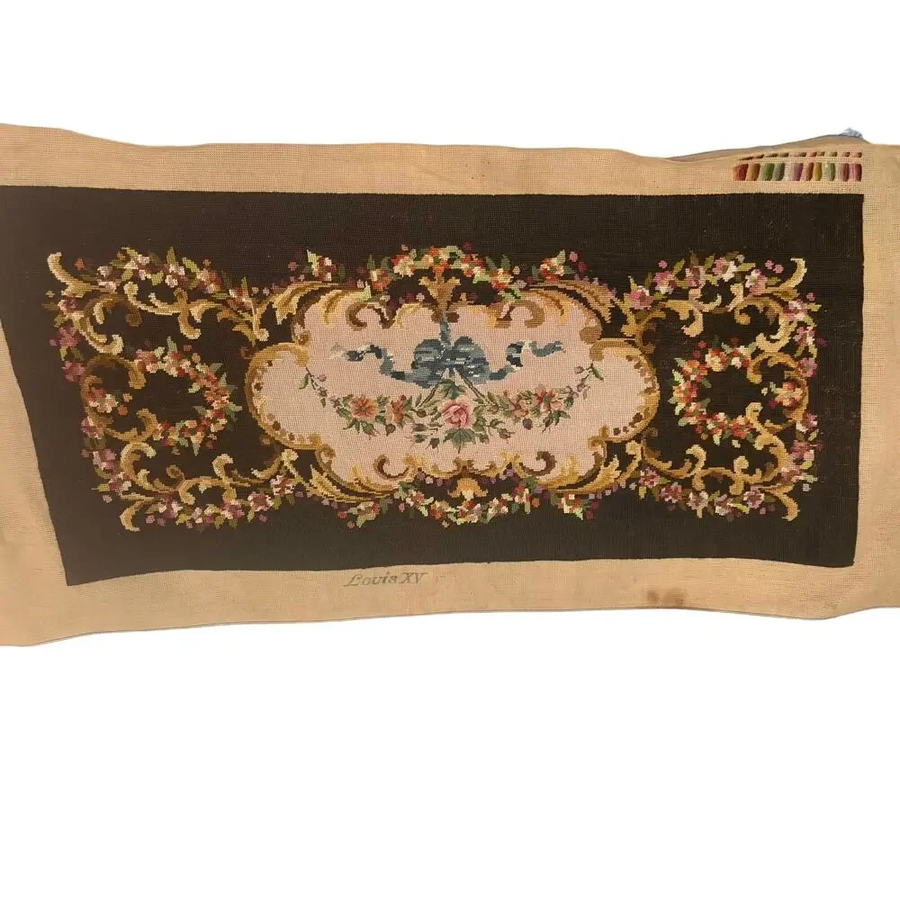 Vintage Handmade Needlepoint Embroidered Bench Top Wool Brown Pink Florals Blue